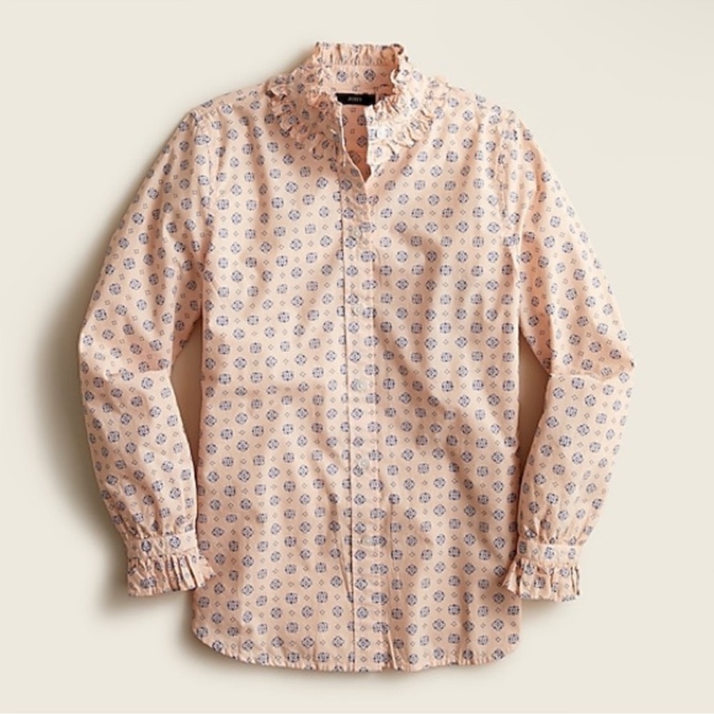 J CREW Classic Fit Ruffle neck Shirt‎ In Medallion Print Size 4
